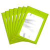 A set of five bright lime green jewelry display pouches fanned out.