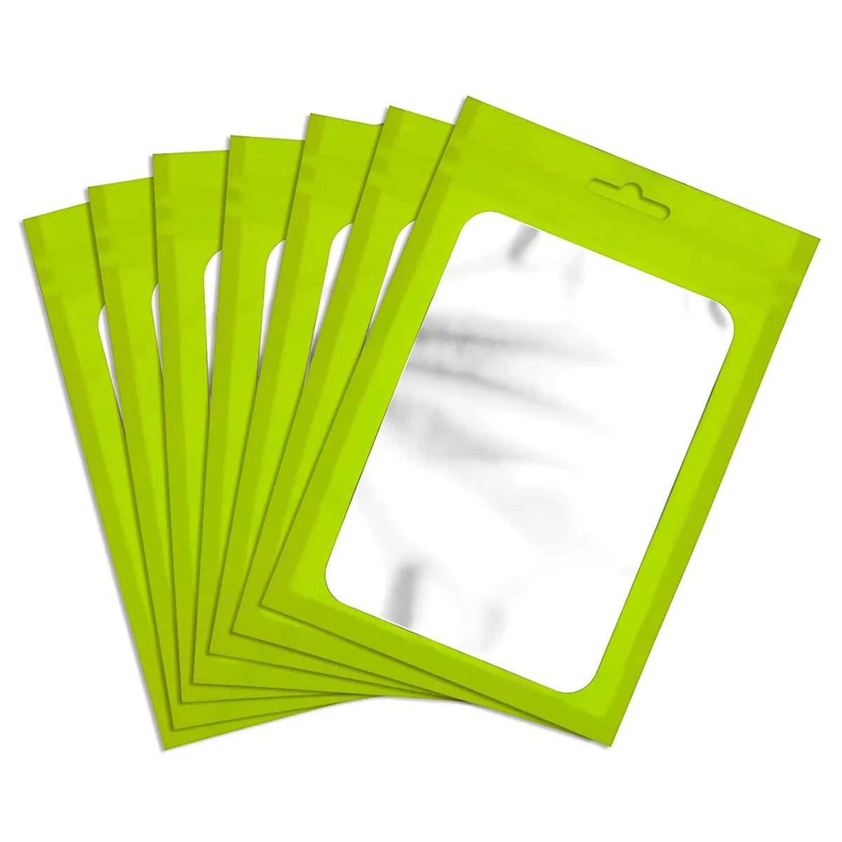 A set of five bright lime green jewelry display pouches fanned out.