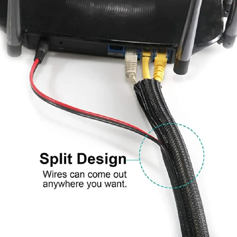 A close-up of a black braided cable sleeve with split ends, showing wires coming out anywhere.