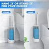 Set de brosse de toilette jetable à fixer au mur avec support et option de suspension, montré à côté d'une toilette.