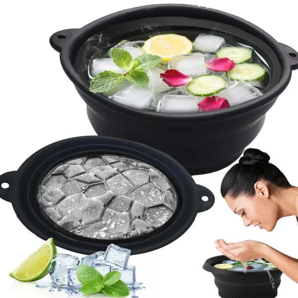 A black silicone ice basin filled with ice cubes and lime slices, shown alongside a flat black ice tray.