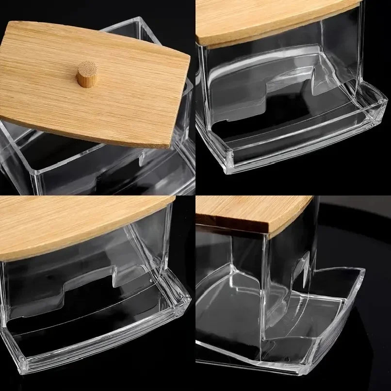 Clear acrylic storage box for cotton swabs and pads with a wooden lid
