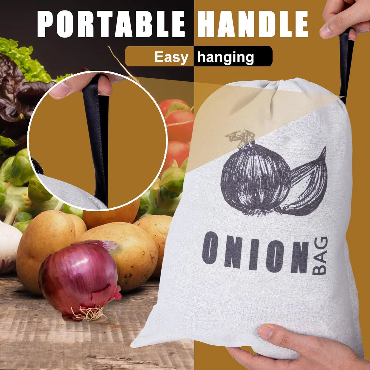 A reusable drawstring storage bag with a portable handle is shown next to fresh onions and produce.