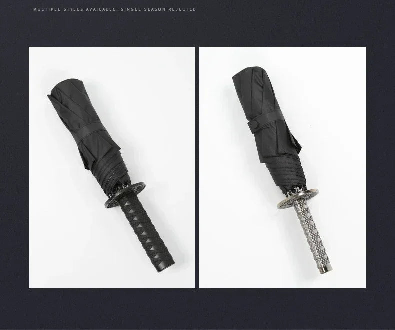 A black folding katana sword with a textured grip and a silver-colored blade is shown in a vertical angle.