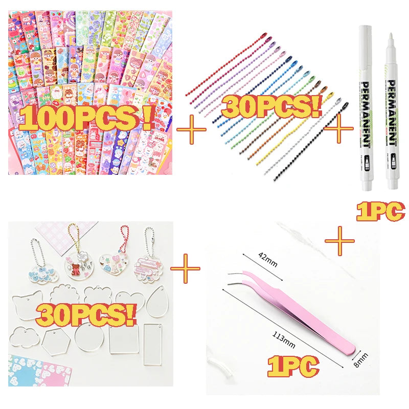 A collection of 100 pieces of colorful Kawaii DIY stickers and 30 pieces of small decorative items for crafting