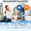 A smiling woman holds a baby while various reusable household essentials are displayed, including lint remover balls.