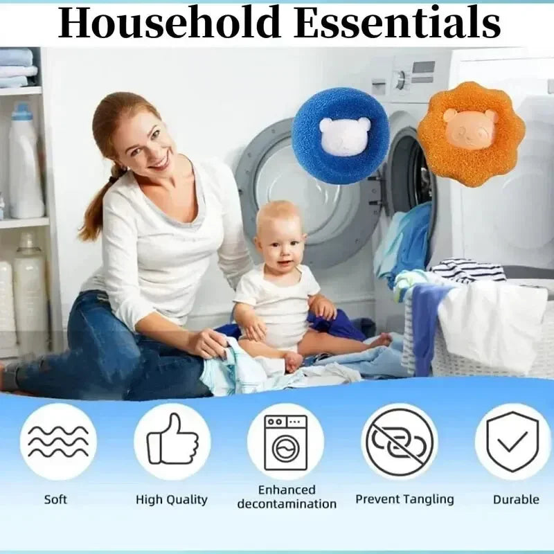 A smiling woman holds a baby while various reusable household essentials are displayed, including lint remover balls.