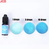 A bottle of Cerulean Blue liquid candle dye with three discs showing 1, 5, and 10 drops of the blue color.