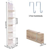 A tall, white fabric storage organizer with multiple pockets and two free hooks.