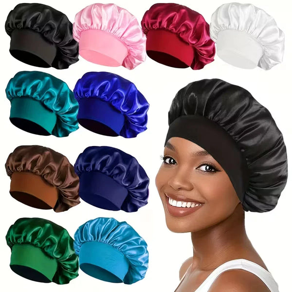 A collection of satin hair bonnets in various colors including black pink red white blue and green shown on a model's head