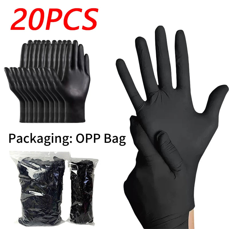 A set of 20 powder-free black nitrile cleaning gloves packaged in an OPP bag.