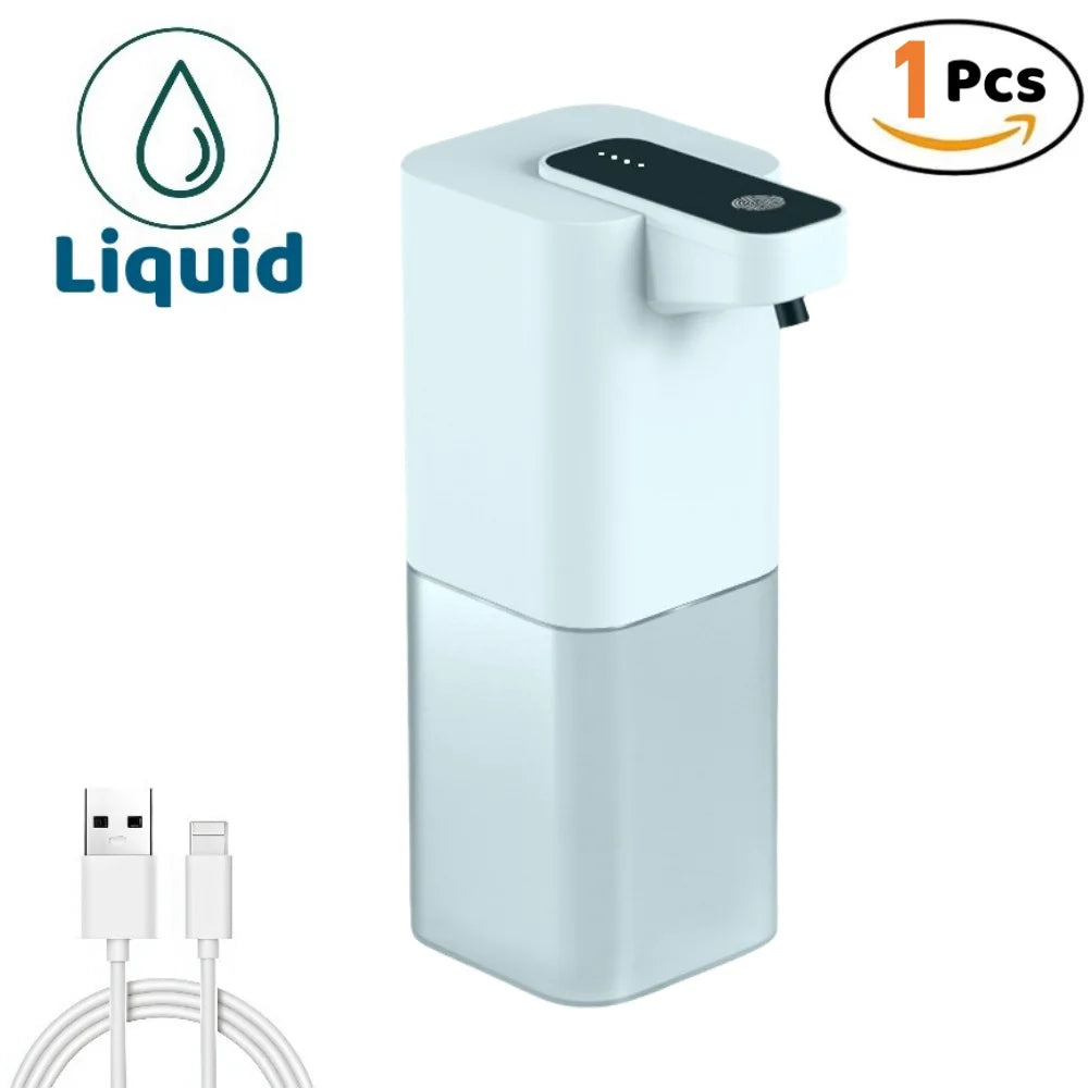 A white touchless electric soap dispenser with a black dispensing nozzle and a white cord visible.