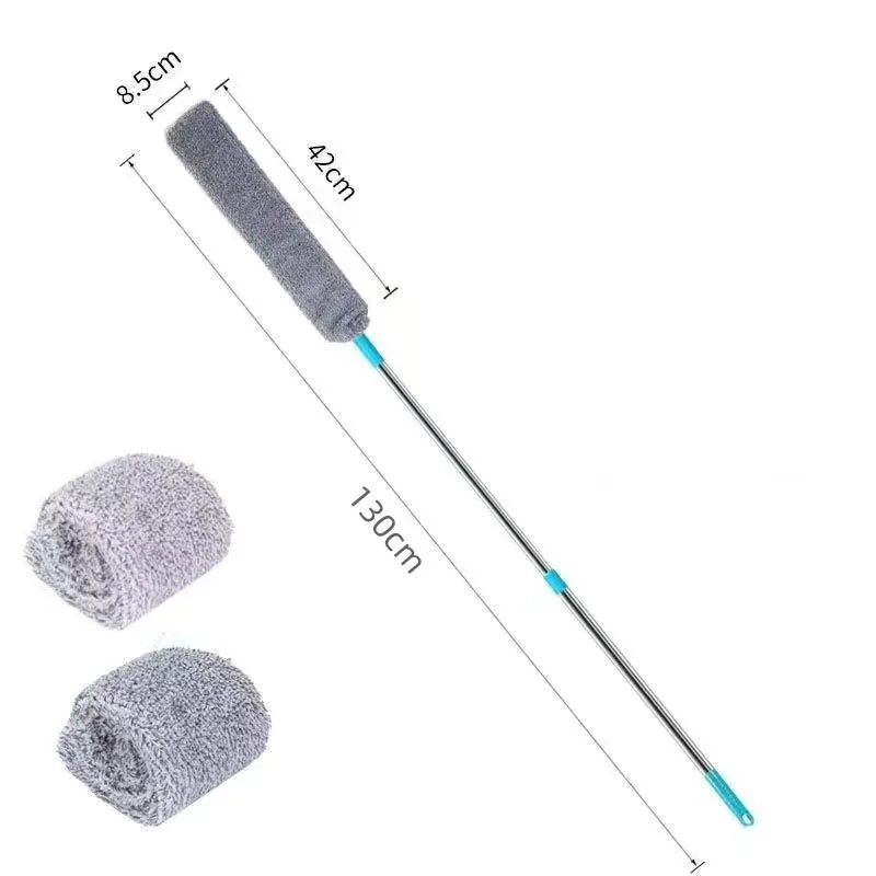 A long-handled microfiber duster brush with a gray cylindrical head and a flexible cleaning shaft.