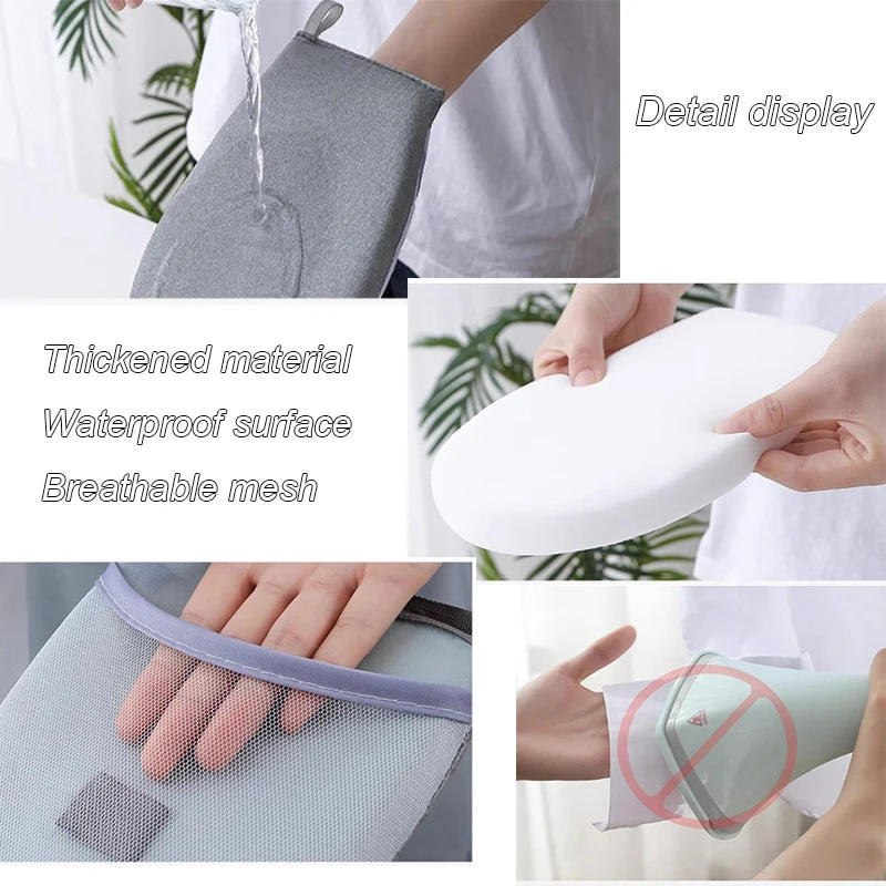 A white heat resistant ironing pad is shown being used to iron a garment, highlighting its thickened material and breathable 