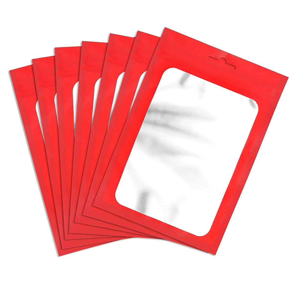 A set of five red jewelry display pouches arranged in a row.