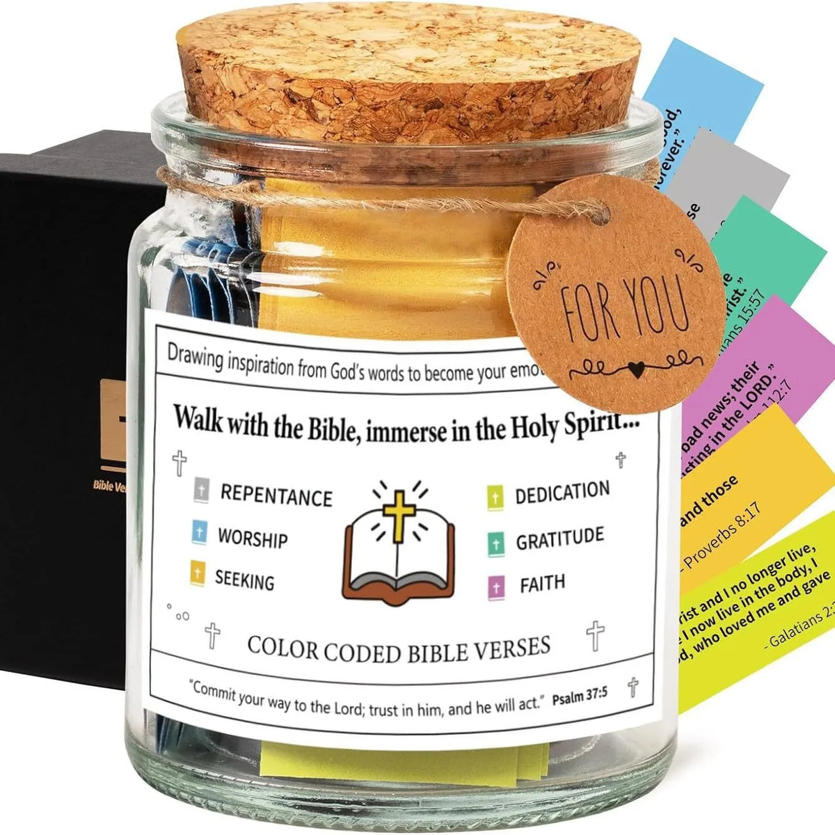 A glass jar filled with yellow Bible verses and a wooden lid, labeled for devotion and gratitude.