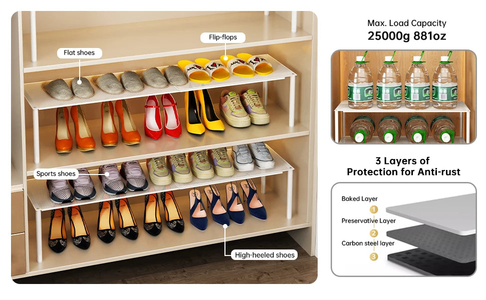 A wooden shoe cabinet organizer displaying various types of shoes including flat shoes, flip-flops, and high-heeled shoes.