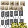 A set of ten black self-adhesive rotating wall hooks for storage.