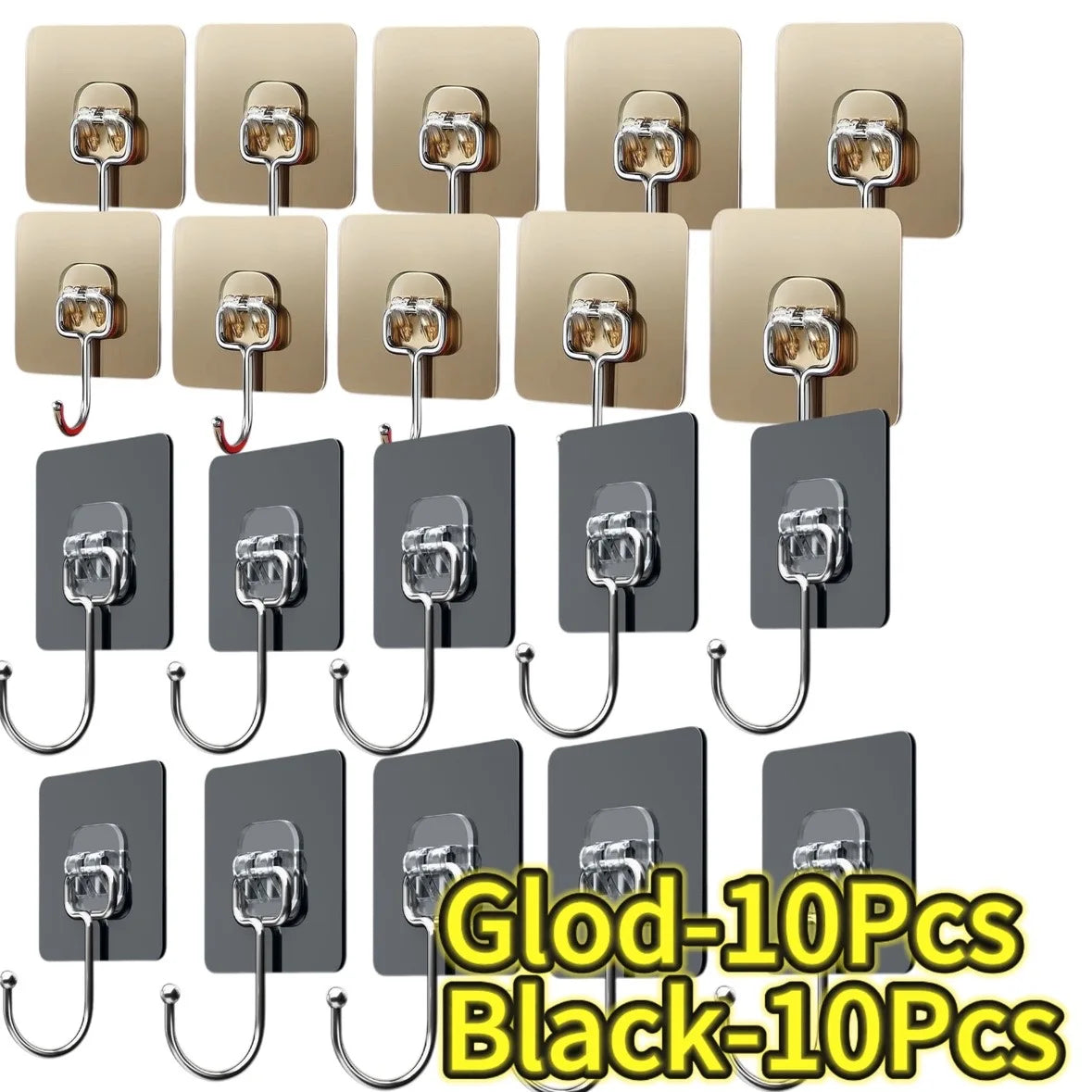 A set of ten black self-adhesive rotating wall hooks for storage.