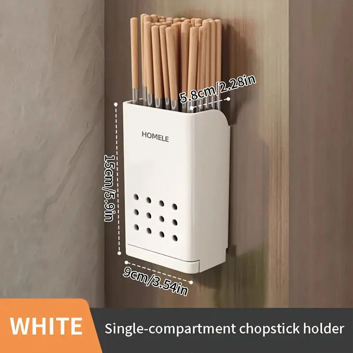 A white single-compartment chopstick holder with 10 bamboo chopsticks stored vertically.