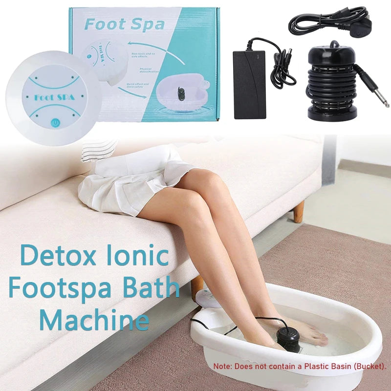 A person relaxing in a bathtub using an ionic foot spa bath machine with a black foot massager.
