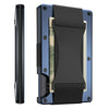 A slim black card wallet with a dark blue frame and a black strap is shown in a vertical orientation.