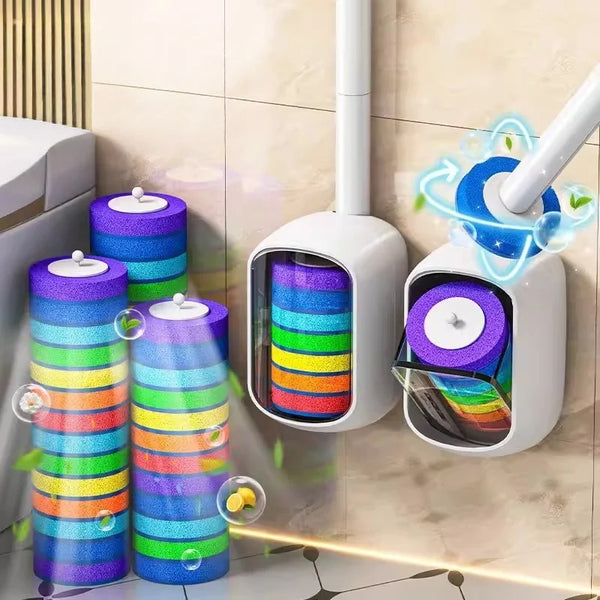 A set of colorful, cylindrical wall-mounted toilet brush holders with illuminated accents mounted on a tiled wall.