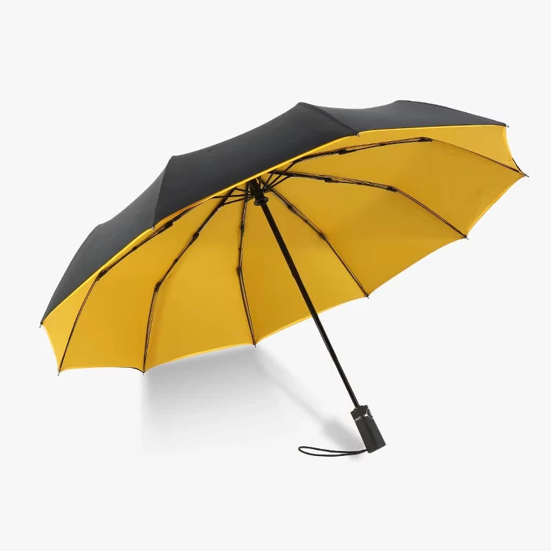 A fully automatic double-layer outdoor umbrella with a black and yellow canopy shown open.