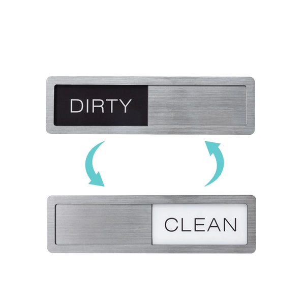Two stainless steel dishwasher fridge magnets, one labeled DIRTY and the other CLEAN.
