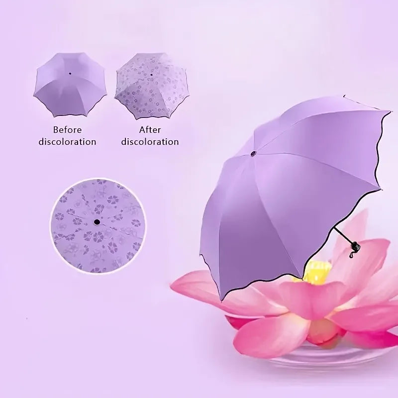 A purple umbrella shows before and after discoloration, with a pink lotus flower in the background.