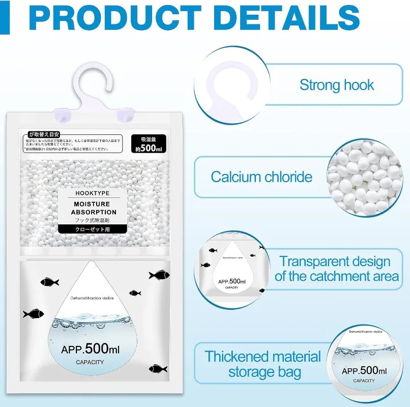Product details showing a hanging dehumidification pouch with a strong hook, calcium chloride, and transparent design for cat