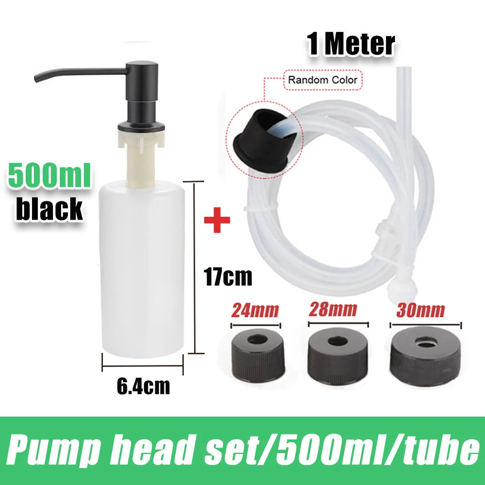 A black pump dispenser bottle and a clear silicone tube with various sized nozzles for a 500ml soap kit.