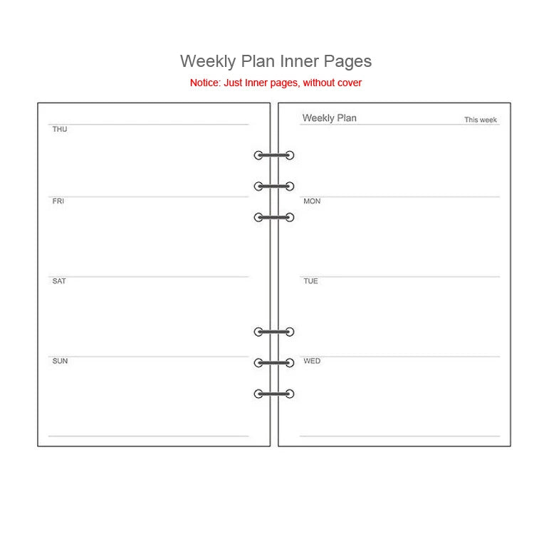 Two inner pages of a weekly plan notebook showing the layout for Thursday through Wednesday.
