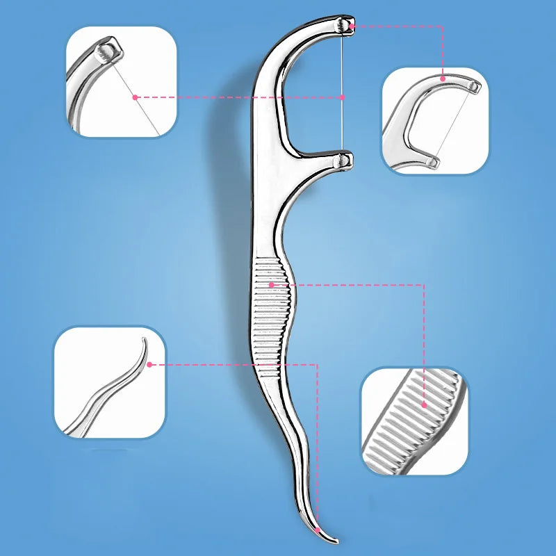 Stainless steel reusable toothpick set shown with various components and usage angles.