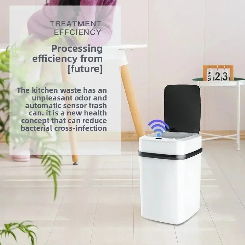 A white automatic touchless sensor trash can is shown on a floor next to a wooden object.