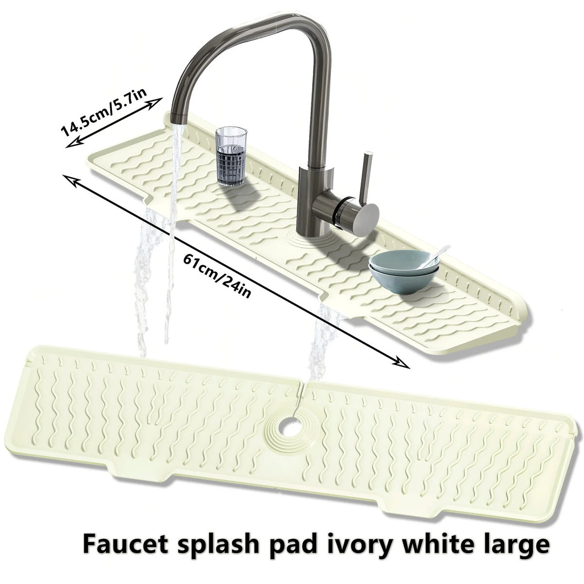 Large ivory white silicone faucet splash guard mat with a metal faucet shown in use.