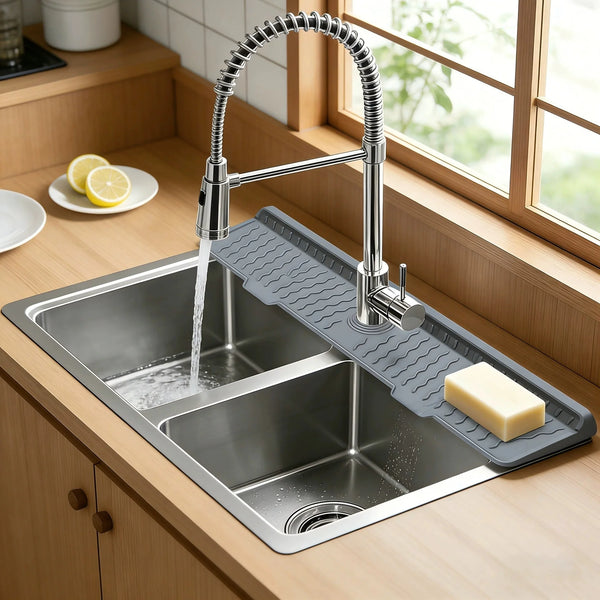 A stainless steel kitchen sink with a pull-down faucet and a silicone splash guard mat placed on a wooden countertop.