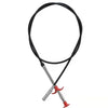 A black heavy duty sink and drain unclogging tool with a metal rod and red handle.