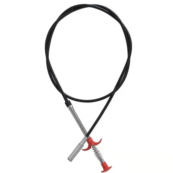 A black heavy duty sink and drain unclogging tool with a metal rod and red handle.
