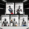 A display of canvas art prints featuring portraits of various UFC fighters like Topuria, Nurmagomedov, Volkanovski, Pereira, 