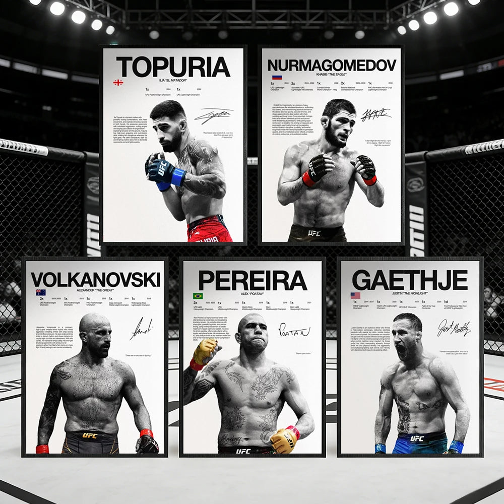A display of canvas art prints featuring portraits of various UFC fighters like Topuria, Nurmagomedov, Volkanovski, Pereira, 