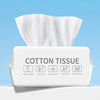 A white pack of cotton tissue with icons indicating uses like for baby, acne, menstrual period, sensitive skin, and makeup re