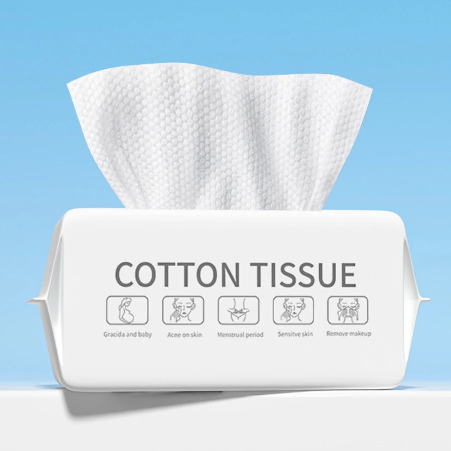 A white pack of cotton tissue with icons indicating uses like for baby, acne, menstrual period, sensitive skin, and makeup re