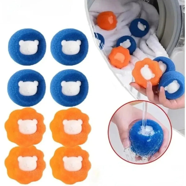 Reusable laundry balls in various colors including orange and blue used for washing machines