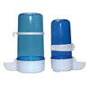 A blue plastic bird drinking trough with a white base and lid.