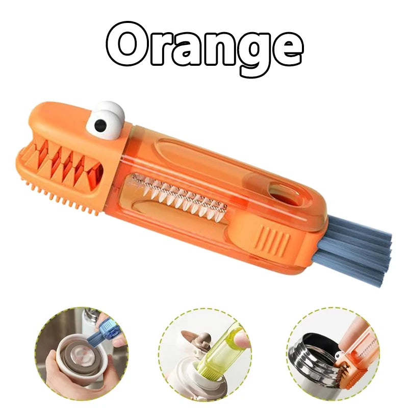 An orange 3-in-1 multifunctional cleaning brush set with bristles and a handle shown in various angles.