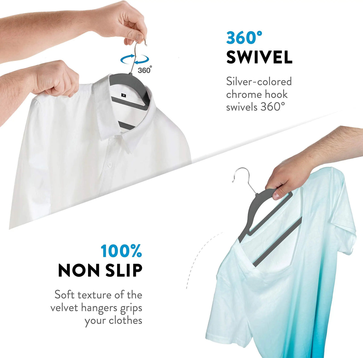 Silver chrome hook hangers and a velvet hanger gripping a white shirt and a light blue t-shirt.