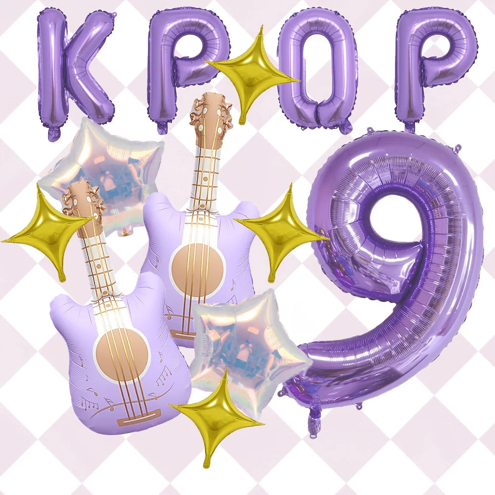 A set of purple balloons shaped like the letters KPOP and the number 9, decorated with golden star accents.