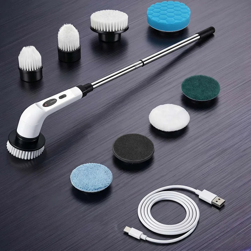A cordless electric spin scrubber and multi-use cleaning brush with various attachments shown on a dark surface.