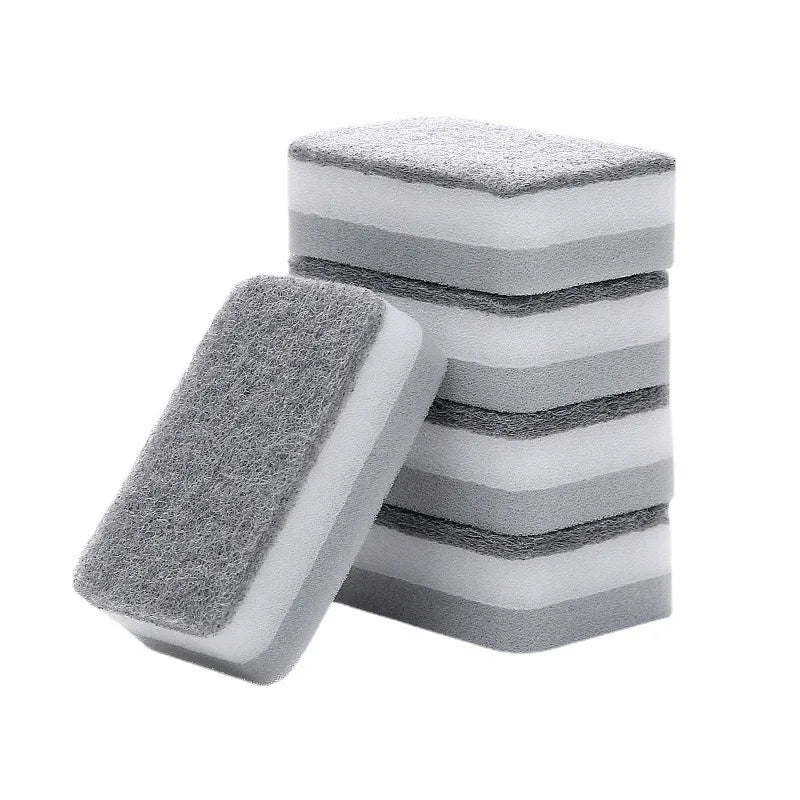 Stack of gray and white double-sided cleaning sponge wipes.